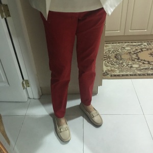 red pants, new Bally shoes