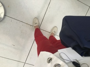 red pants, white shoes, 