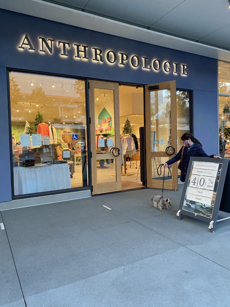 A person walking a dog outside Anthropologie store.