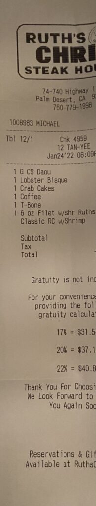 Ruth's Chris restaurant bill