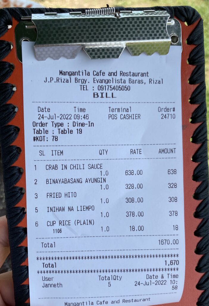 Mangantila food bill
